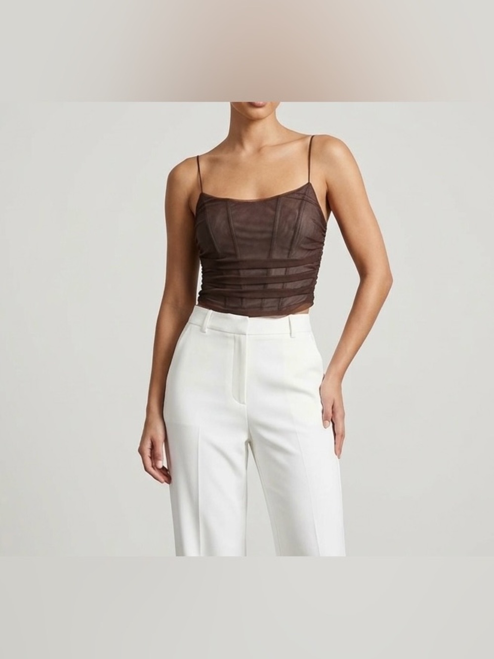 Do + Be Brown Ruched Mesh Cami Top Size M Sheer Layered Corset Y2K Festival Boho